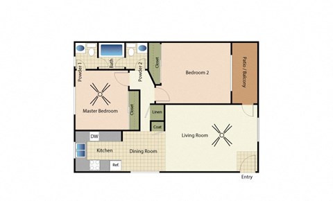 Floor plan for 2 beds, 1.5 baths, 970 sqft
